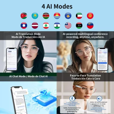Lunettes Intelligentes Femmes, Traduction AI Bluetooth, Filtrage Lumière Bleue, 165+ Langues, Voyage & Apprentissage