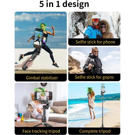 Stabilisateur AOCHUAN 4-en-1 pour smartphone, rotation 360°, suivi visage, télécommande sans fil - M1 Pro Noir