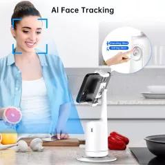 Support Téléphone Auto Tracking Blanc, Trépied Intelligent 360°, Selfie Stick Portable Tout-en-Un