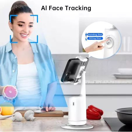 Support Téléphone Auto Tracking Blanc, Trépied Intelligent 360°, Selfie Stick Portable Tout-en-Un