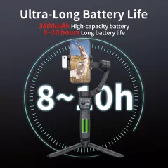 Stabilisateur 3 axes pour smartphone avec éclairage, suivi AI, trépied pliable pour iPhone & Android