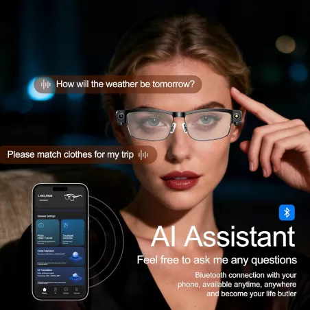 Lunettes AI Intelligentes avec Caméra 8MP, Traduction Temps Réel, Audio Open-Ear, Verres Photochromiques