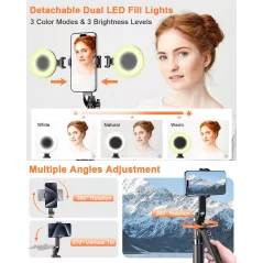 Trépied 71 avec suivi automatique visage, lumière, rotation 360°, télécommande rechargeable pour iPhone/Android/GoPro
