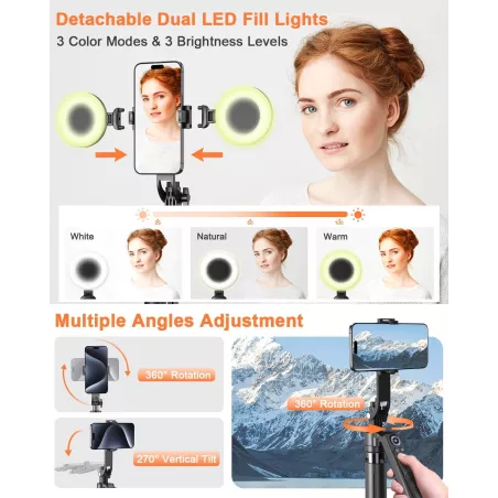 Trépied 71 avec suivi automatique visage, lumière, rotation 360°, télécommande rechargeable pour iPhone/Android/GoPro