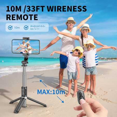 Selfie Stick Trépied 3-en-1 Extensible & Portable avec Télécommande Sans Fil Compatible iPhone et Android