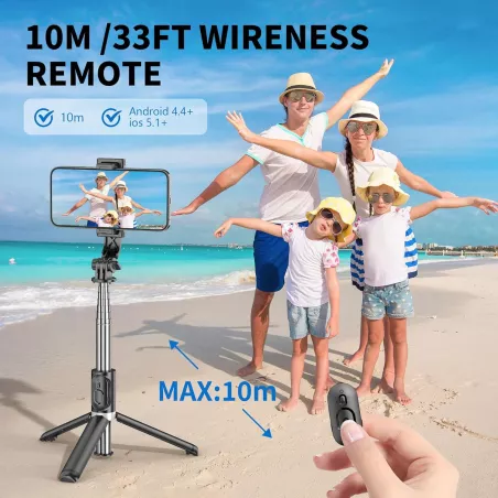 Selfie Stick Trépied 3-en-1 Extensible & Portable avec Télécommande Sans Fil Compatible iPhone et Android