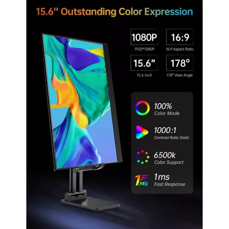 VILVA Écran Portable 15,6'' FHD IPS USB-C HDMI avec Haut-parleurs et Housse pour PC/Mac/Console
