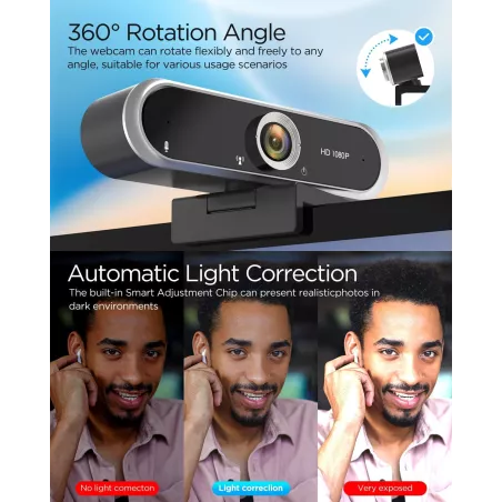 Webcam 1080P avec Microphone & Cache Vie Privée USB Plug & Play