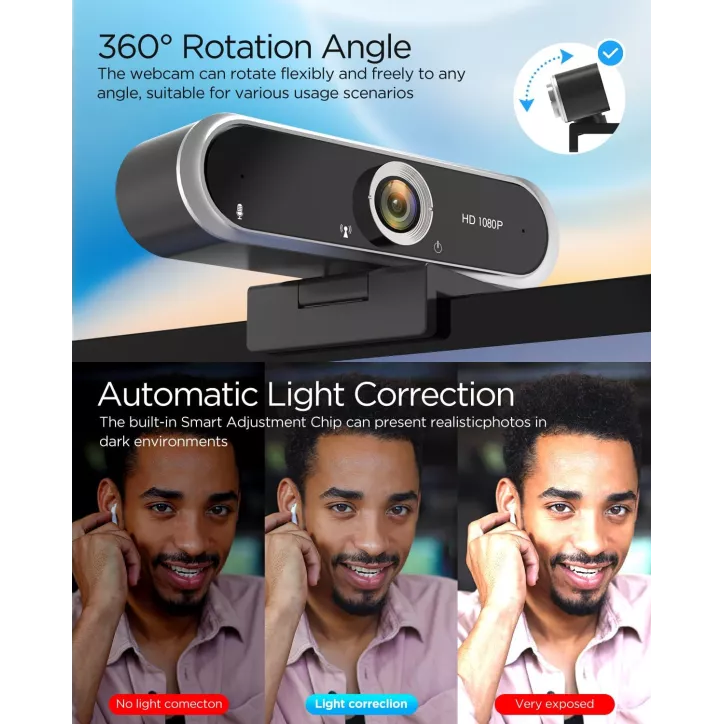 Webcam 1080P avec Microphone & Cache Confidentialité USB Plug & Play pour Appels Vidéo & Streaming