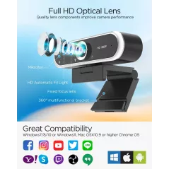 Webcam 1080P avec Microphone & Cache Confidentialité USB Plug & Play pour Appels Vidéo & Streaming