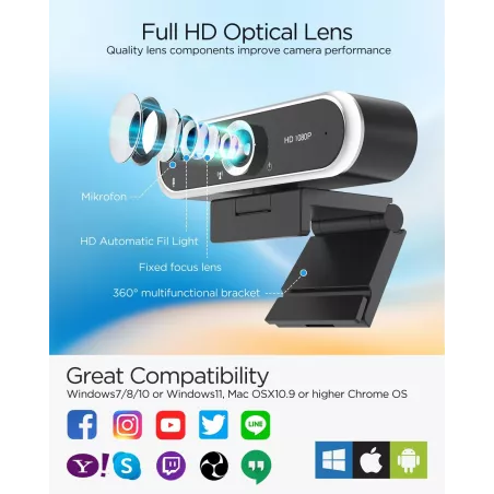Webcam 1080P avec Microphone & Cache Confidentialité USB Plug & Play pour Appels Vidéo & Streaming