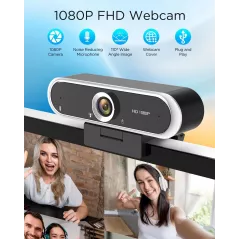Webcam 1080P avec Microphone & Cache Vie Privée USB Plug & Play