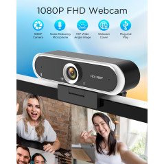 Webcam 1080P avec Microphone & Cache Vie Privée USB Plug & Play