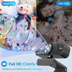 Webcam 1080P Full HD avec Micro Anti-Bruit, Correction Lumière, Cache Vie Privée, USB Plug & Play
