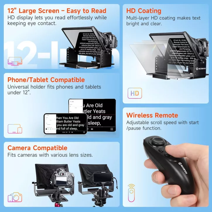 Moman Teleprompter Métal 12 avec télécommande APP pour iPad, DSLR, smartphone – Kit complet MT12