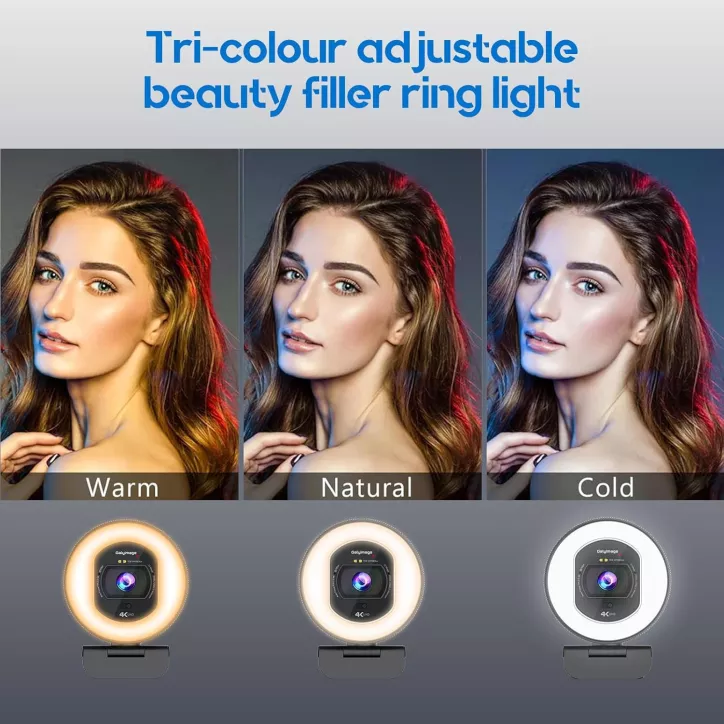 Webcam 4K avec anneau lumineux, autofocus, TOF, couverture privée, micro - 1080P 60FPS pour streaming
