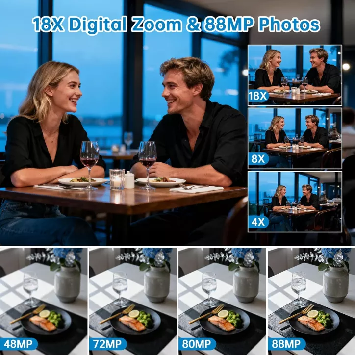 Caméra Vidéo 8K 88MP 18X Zoom Wifi Vlogging 2025 avec Micro, Carte 32G, Stabilisation 6-Axes, Vision Nuit IR