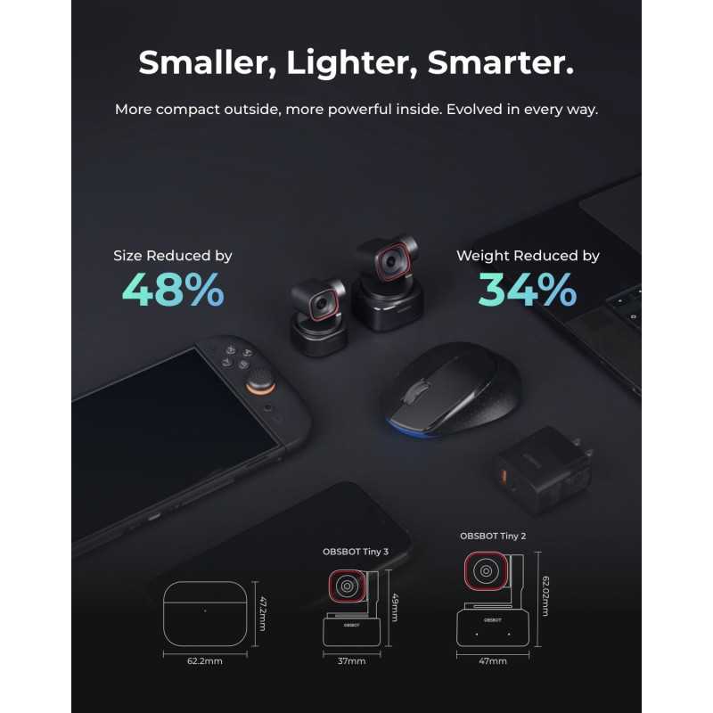 OBSBOT Tiny 3 AI 4K Webcam with Spatial Audio, AI Tracking & Gesture Control
