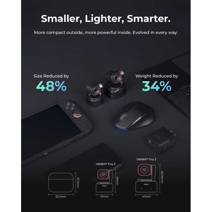 OBSBOT Tiny 3 AI 4K Webcam with 1/1.28 Sensor, AI Tracking PTZ, Tri-Mic, Voice & Gesture Control, 120FPS HDR