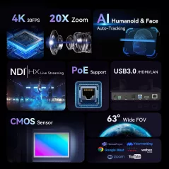 Caméra PTZ 4K Tenveo NDI AI 20X Zoom pour Streaming Live