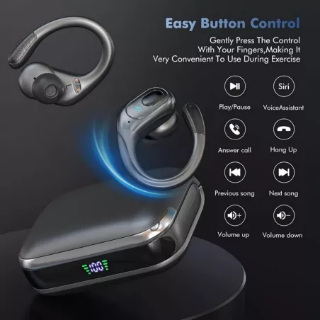Écouteurs sans fil Bluetooth IPX7, 75h autonomie, ANC, écran LED, parfaits sport/cours