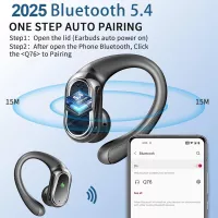 Écouteurs sans fil Bluetooth 5.4, 50H HiFi Bass, Micro anti-bruit ENC, IP7 étanche, LED, avec crochets pour sport