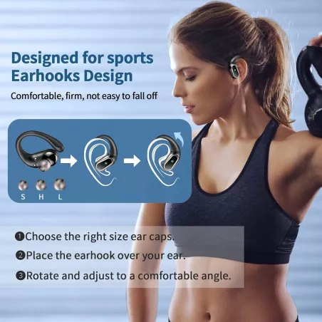 Écouteurs sans fil Bluetooth 5.4, 50H HiFi Bass, Micro anti-bruit ENC, IP7 étanche, LED, avec crochets pour sport