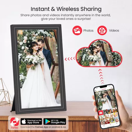 Cadre photo numérique Frameo 15,6 FHD IPS 64GB WiFi tactile, envoyez photos depuis smartphone, cadeau idéal parents