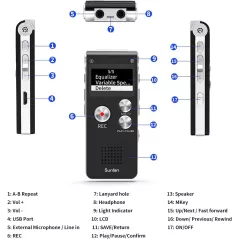 Enregistreur Vocal Numérique 16GB Rechargeable USB Lectures
