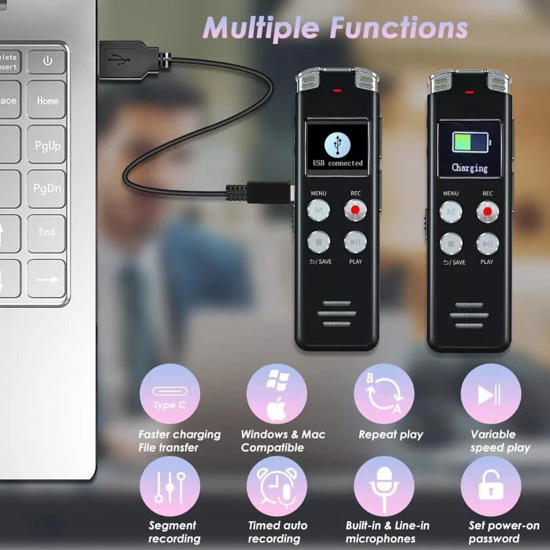 64GB Voice Activated Digital Recorder for Lectures & Meetings - EVISTR