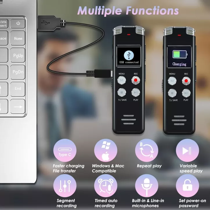 64GB Digital Voice Recorder Portable Mini MP3 Player with USB, Voice Activated for Lectures, Meetings, Interviews