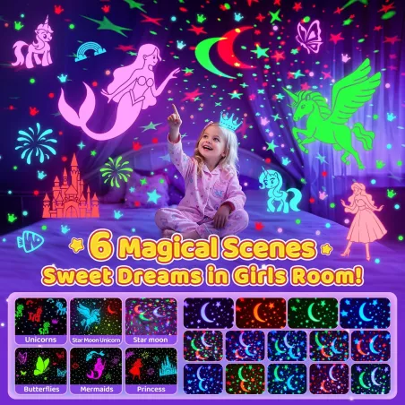 Projecteur lumineux licorne Onefire pour filles 4-6 ans, jouet rechargeable 360° avec 6 films, déco papillon