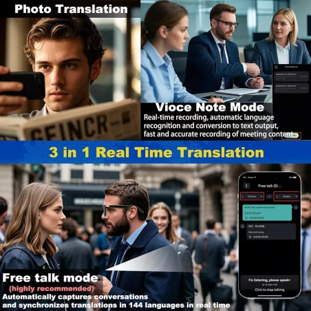 Lunettes AI Bluetooth 5.4 Traducteur 160+ Langues Mixte