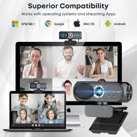 1080P HD Webcam with Mic, Noise Cancel, Privacy Cover & Auto Light