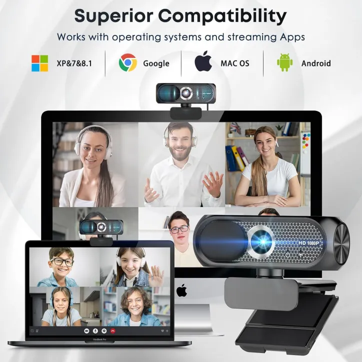 Webcam HD 1080P avec Microphone, Réduction de Bruit, Cache Confidentialité, Objectif Grand-Angle, USB Plug & Play