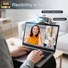 1080P HD Webcam with Mic, Noise Cancellation, Privacy Cover, Wide-Angle, Auto Light, USB Plug & Play (Black)