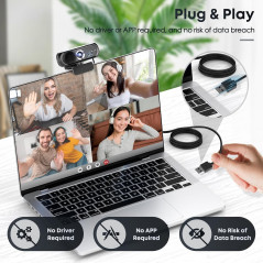 Webcam 1080P HD USB avec Micro, Anti-Bruit & Protection Privacy