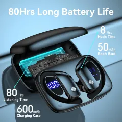 bmani Wireless Earbuds with 80H Playtime, LED Case & Mic – Black