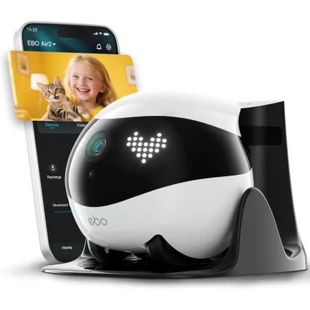 Enabot EBO Air 2 FamilyBot Caméra Sécurité Intérieure 2K, Robot Mobile, Vision Nocturne, Recharge Auto, Blanc