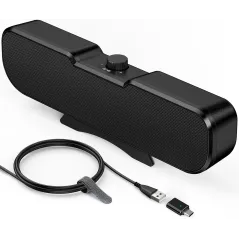 Cirqon Black Desktop Computer Speakers with Volume Knob, Sturdy Clamp, Compact Design, USB/USB-C Powered