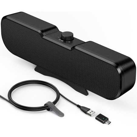 Cirqon Black Desktop Computer Speakers with Volume Knob, Sturdy Clamp, Compact Design, USB/USB-C Powered