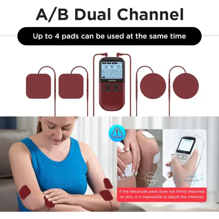 Appareil 4 en 1 TENS & EMS & Massage, Stimulateur Musculaire Rechargeable FDA, 12 Électrodes Incluses