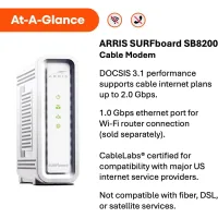 ARRIS SURFboard SB8200 Modem Câble DOCSIS 3.1 2 Ports 1Gbps Compatible Xfinity, Cox, Spectrum, Jusqu'à 2Gbps
