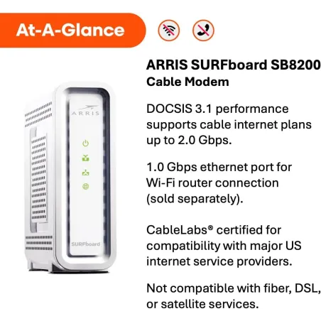 ARRIS SURFboard SB8200 DOCSIS 3.1 Cable Modem, 2x1Gbps Ethernet, Compatible with Xfinity, Cox, Spectrum, Up to 2Gbps