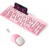 Clavier sans fil rétro rose avec touches rondes, 2,4 GHz, clavier et souris USB pour PC et portable
