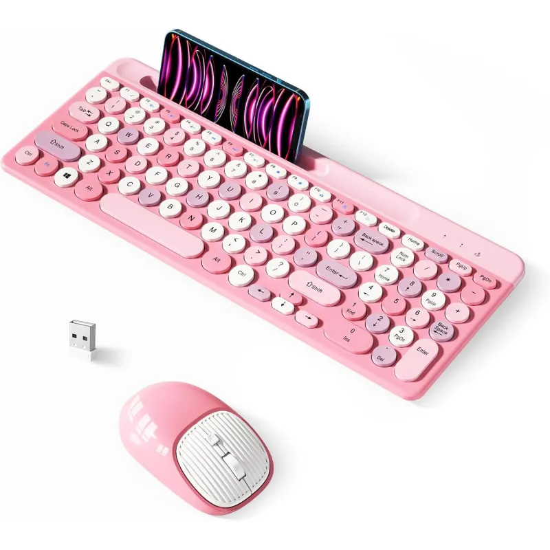 Retro 2.4GHz Wireless Keyboard & Mouse Set with Round Keycaps – Pink