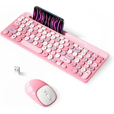Retro 2.4GHz Wireless Keyboard & Mouse Set with Round Keycaps – Pink