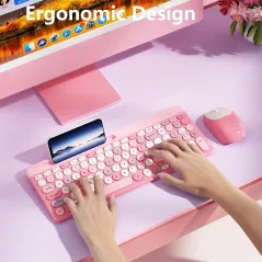 Retro 2.4GHz Wireless Keyboard & Mouse Set with Round Keycaps – Pink