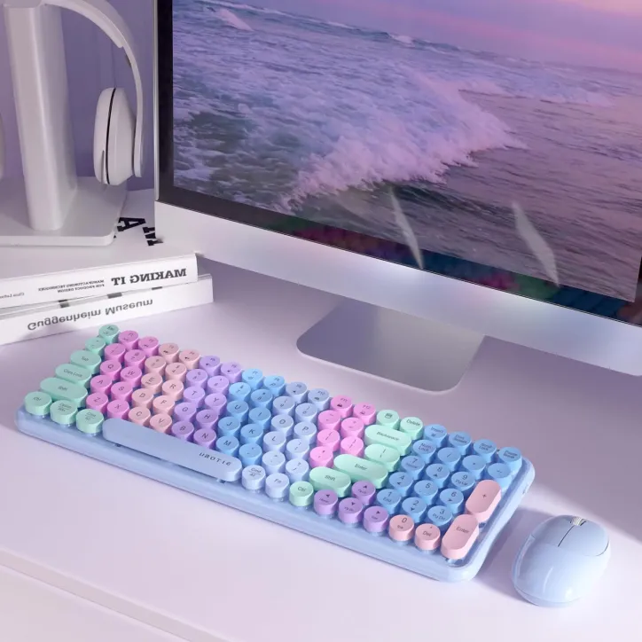 UBOTIE Wireless Keyboard & Mouse Combo, Colorful Gradient Retro Typewriter Style, 2.4GHz Optical Mouse (Purple)