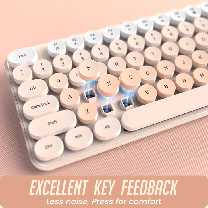 Wireless Silent Keyboard and Mouse Combo, Full-Sized Colorful Round Keycaps, 2.4G Cute Mouse (Milk Tea)